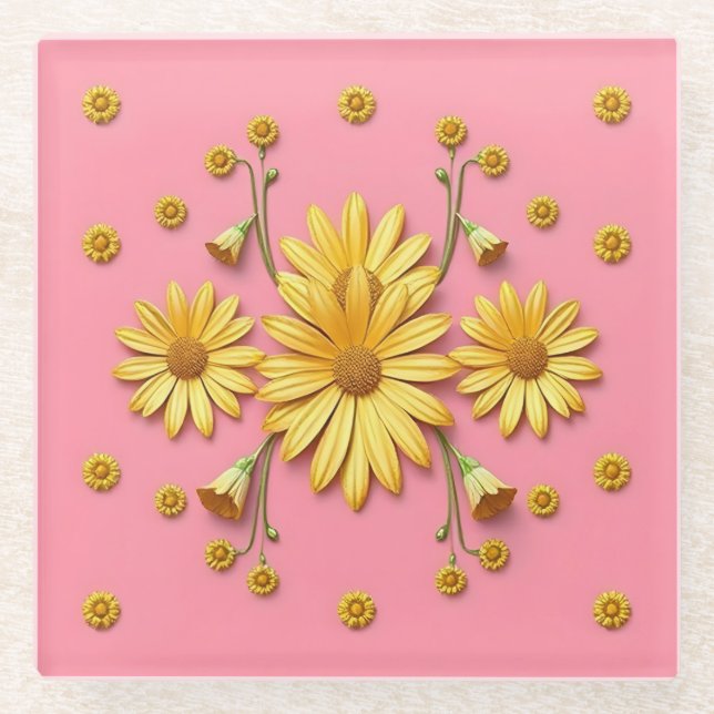 Pink Gold Daisies Glass Coaster (Front)