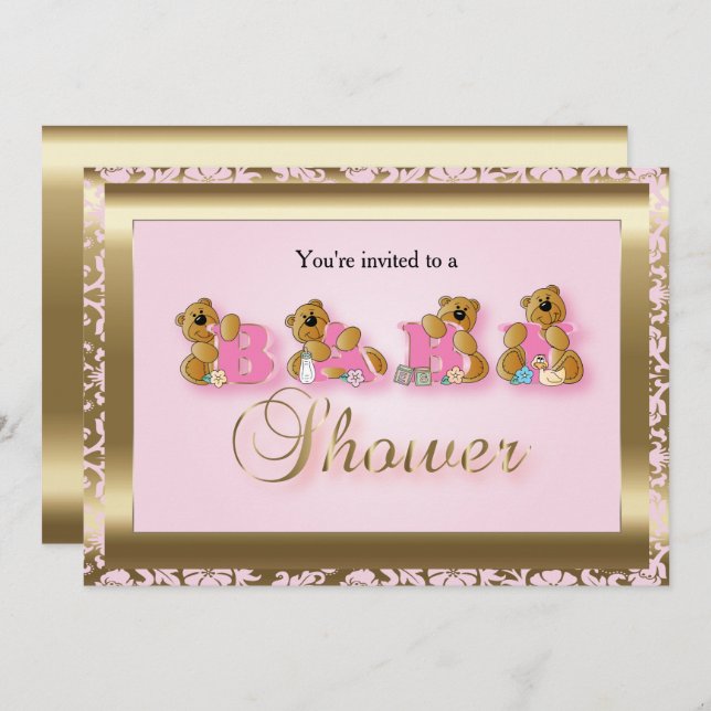Pink & Gold Damask with Teddy Bears | Baby Shower Invitation (Front/Back)
