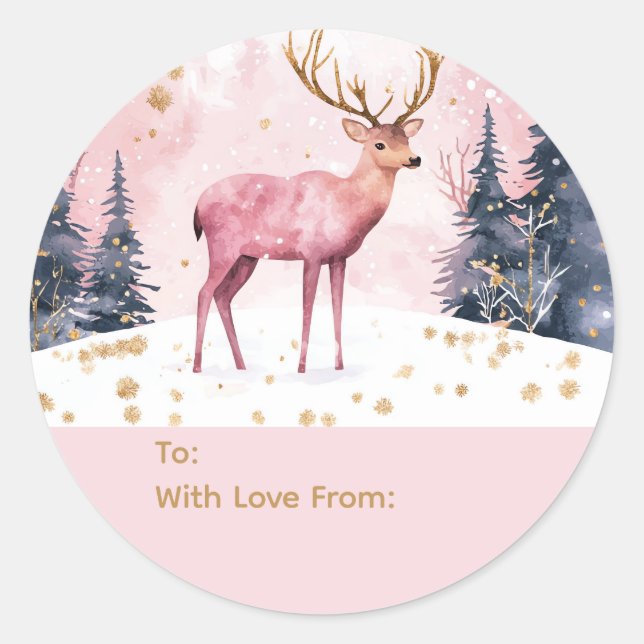 Pink & Gold Deer Personalized To and From Stickers (Front)