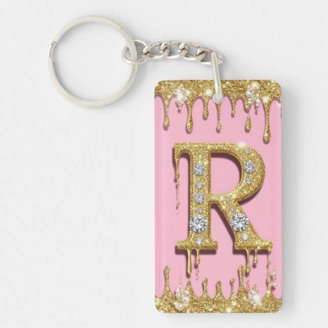 Pink Gold Diamond Initial R Letter Gift Key Ring (Front)
