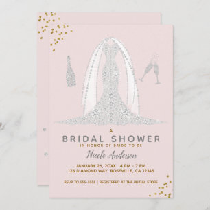 Pink & Gold Diamond Wedding Dress Bridal Shower Invitation