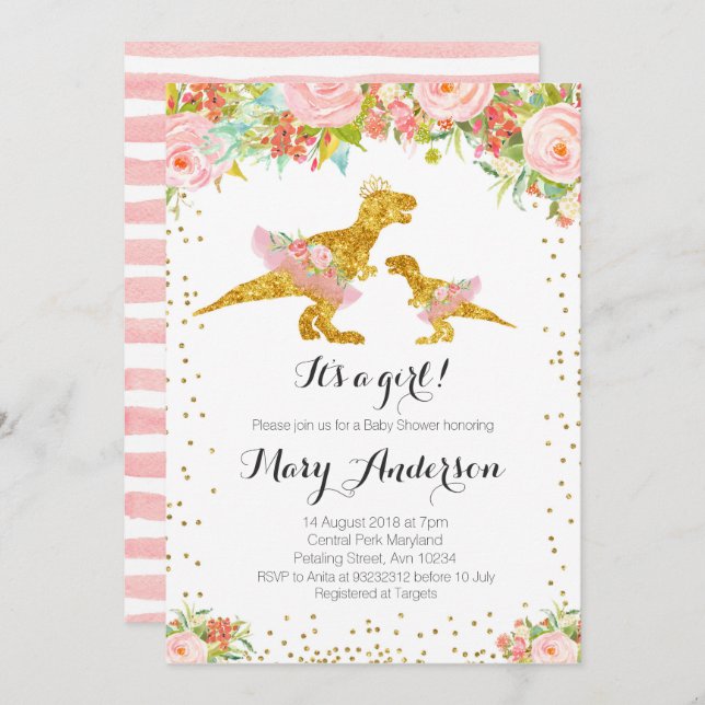 Pink Gold Dino Girl Baby Shower Invite (Front/Back)