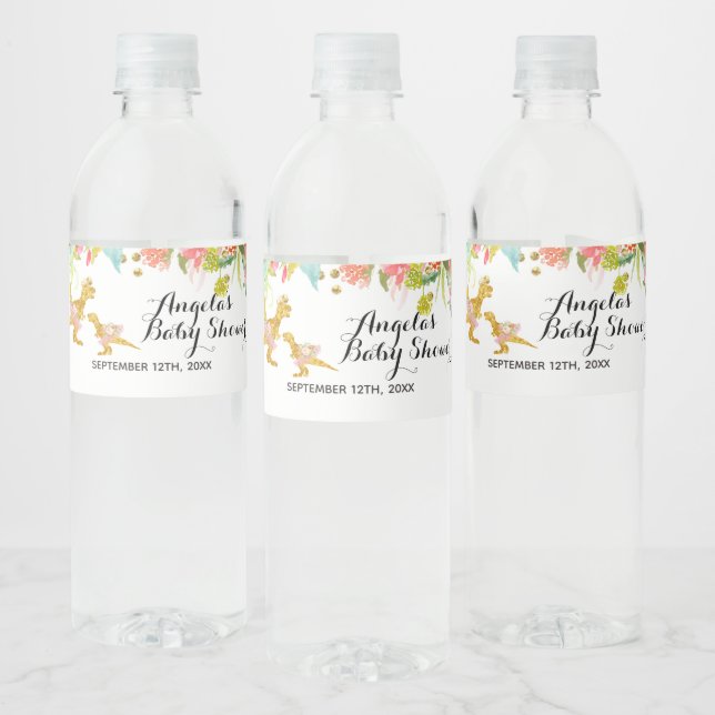 Pink Gold Dino Girl Water Bottle Label (Bottles)