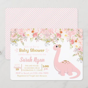 Pink & Gold Dinosaur Floral Girl Baby Shower Invitation