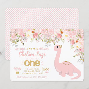Pink & Gold Dinosaur Floral Girl Birthday Invitation