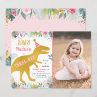 Pink Gold Dinosaur Three Rex Birthday