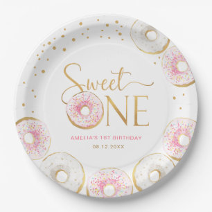Pink Gold Donuts Sweet One 1st Birthday Paper Plate