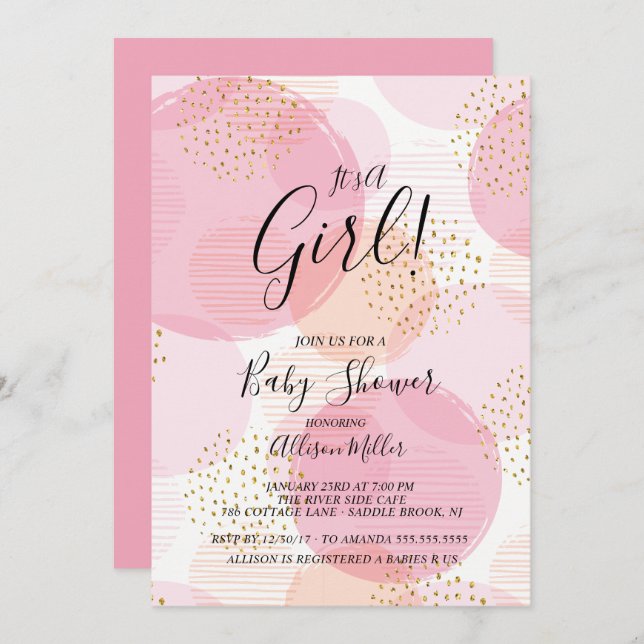 Pink & Gold Dots Baby Shower Invitation (Front/Back)