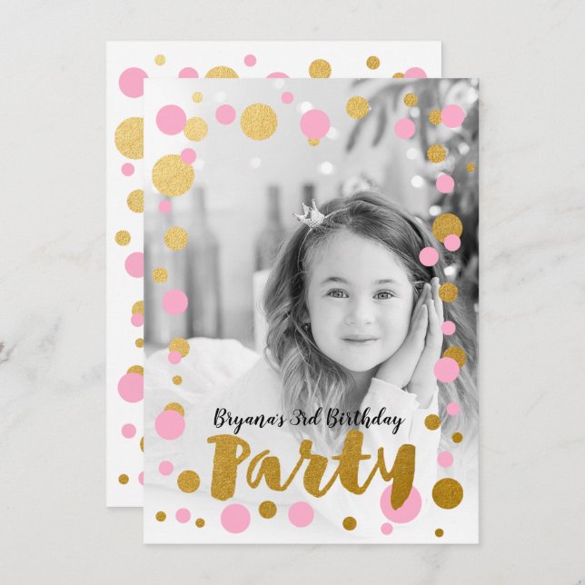Pink & Gold Dots Birthday Party Photo Invitation (Front/Back)