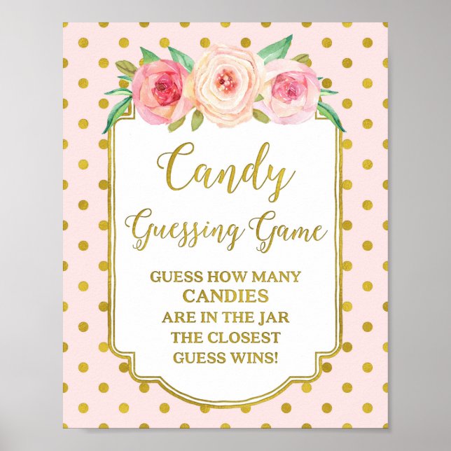 Pink Gold Dots Candy Guessing Game Sign (Front)