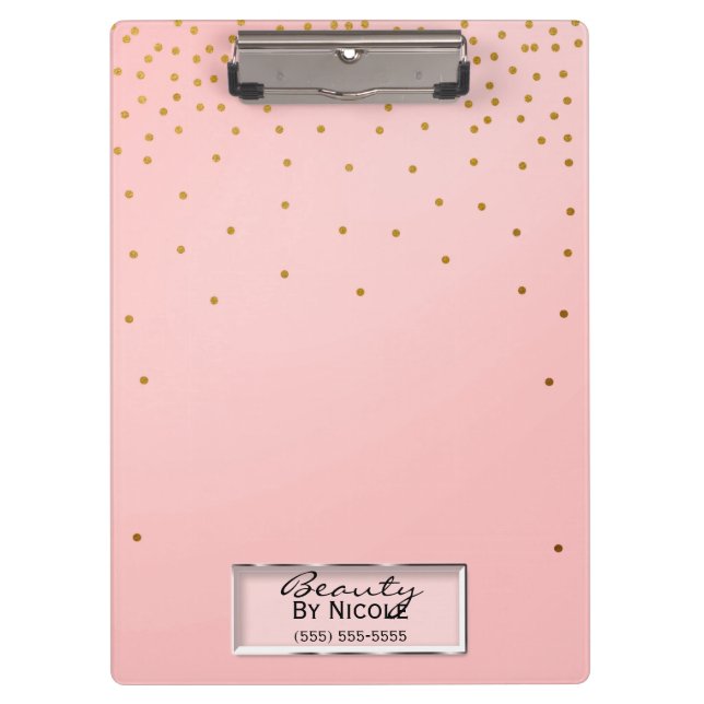 Pink & Gold Dots Elegant Chic Glam Personalised Clipboard (Front)