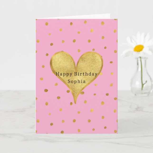 Pink Gold Dots Heart Birthday Card (Small Plant)