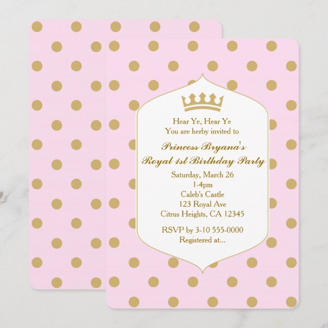 Pink & Gold Dots Royal Crown Princess Invitations (Front/Back)