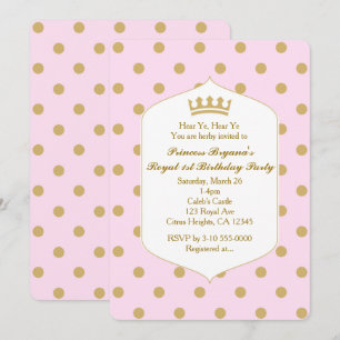 Pink & Gold Dots Royal Crown Princess Invitations