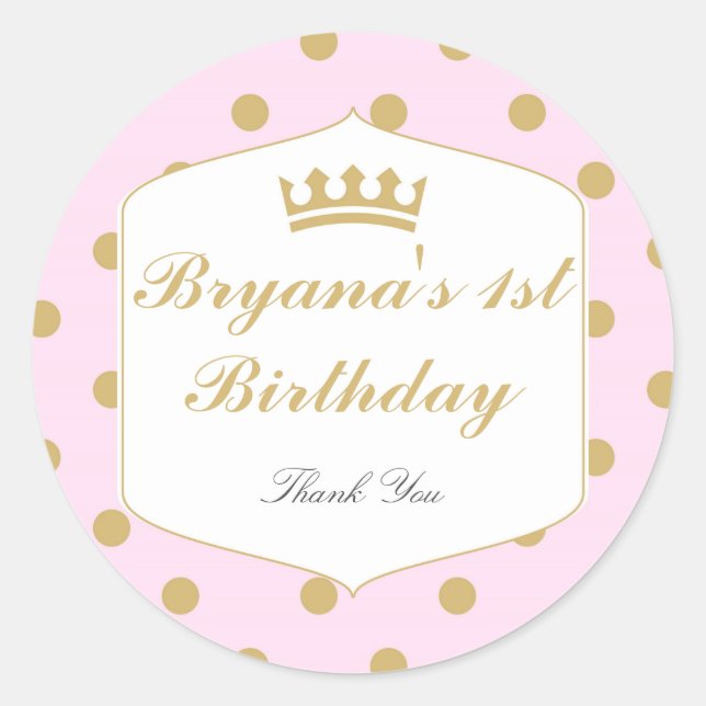Pink & Gold Dots Royal Crown Princess Stickers (Front)