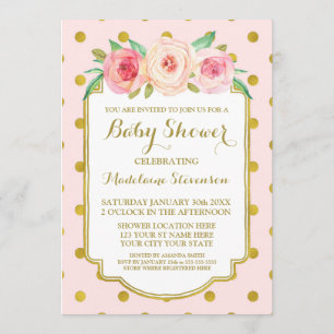 Pink Gold Dots Watercolor Floral Baby Shower Invitation