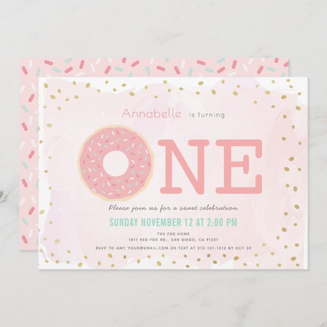Pink & Gold Doughnut Girl 1st Birthday Invitation (Front/Back)