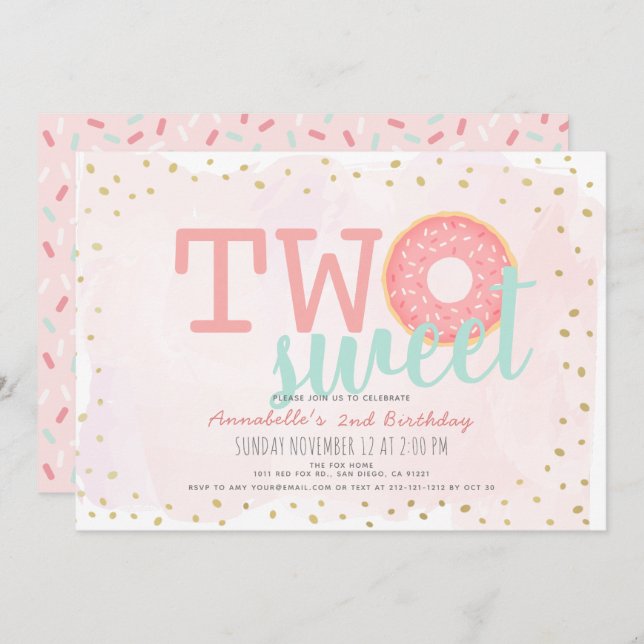 Pink & Gold Doughnut Two Sweet Girl 2nd Birthday Invitation (Front/Back)