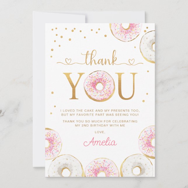 Pink Gold Doughnuts Two Sweet Birthday Thank You Card (Front)