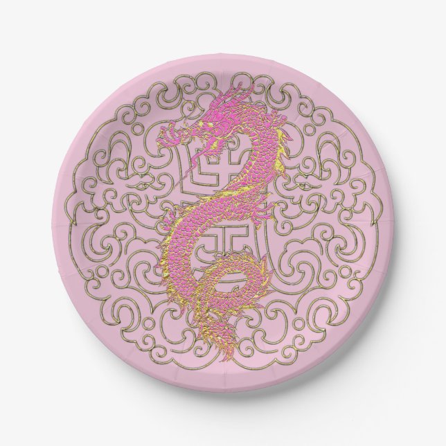 Pink Gold Dragon on Chinese Traditional Pattern Paper Plate (Front)
