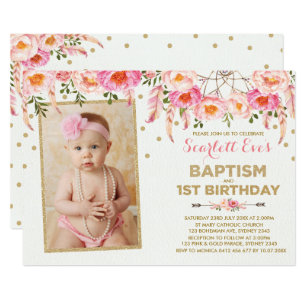 Pink Gold Dreamcatcher Baptism 1st Birthday Party Invitation