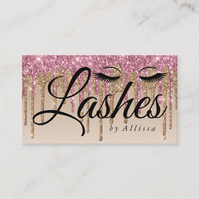 Pink & Gold Drip Glitter-Look Lashes Business Card (Front)