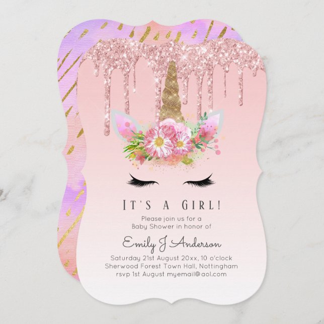 Pink Gold Drip Glitter Unicorn Baby Girl Shower Invitation (Front/Back)