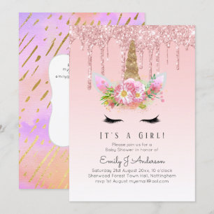 Pink Gold Drip Glitter Unicorn Baby Girl Shower Invitation