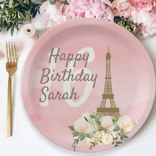 Pink Gold Eiffel Tower Sweet Sixteen Birthday Paper Plate (Paris/Eiffel Tower Sweet 16 paper plate)