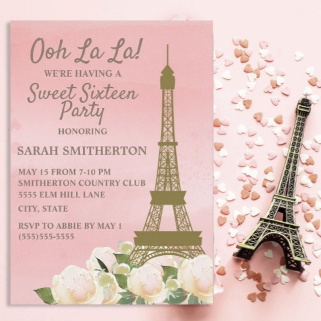 Pink Gold Eiffel Tower White Floral Sweet 16 Invitation (Ooh la la Parisian Sweet 16 birthday party invitation)