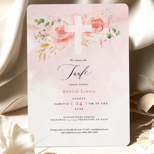 Pink & Gold Einladung zur Taufe mit Rosen Invitation (Creator Uploaded)