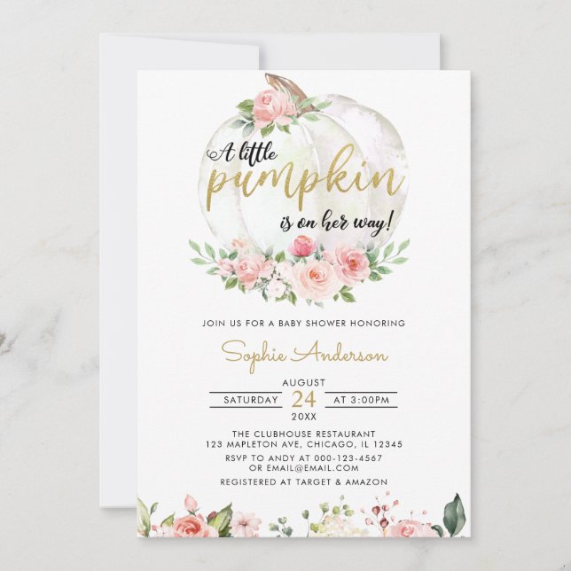 Pink Gold Elegant A Little Pumpkin Baby Shower Inv Invitation (Front)