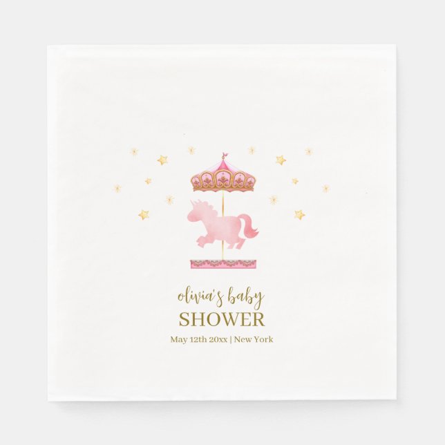 Pink Gold Elegant Carousel Carnival Baby Shower Napkin (Front)