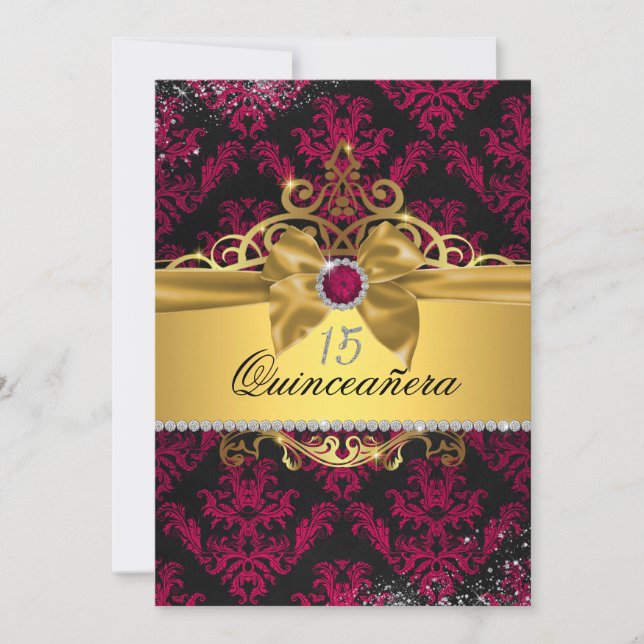 Pink Gold Elegant Damask Quinceanera Invite (Front)