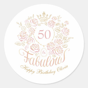 Pink & Gold Elegant Floral 50 & Fabulous Birthday Classic Round Sticker