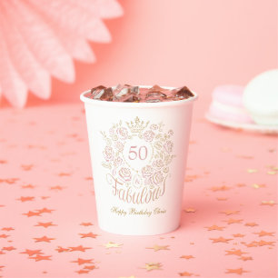 Pink & Gold Elegant Floral 50 & Fabulous Birthday Paper Cups