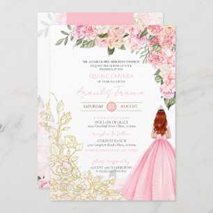 Pink Gold Elegant Floral Pretty Dress Quinceanera Invitation