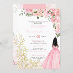 Pink Gold Elegant Floral Pretty Dress Quinceañera  Invitation