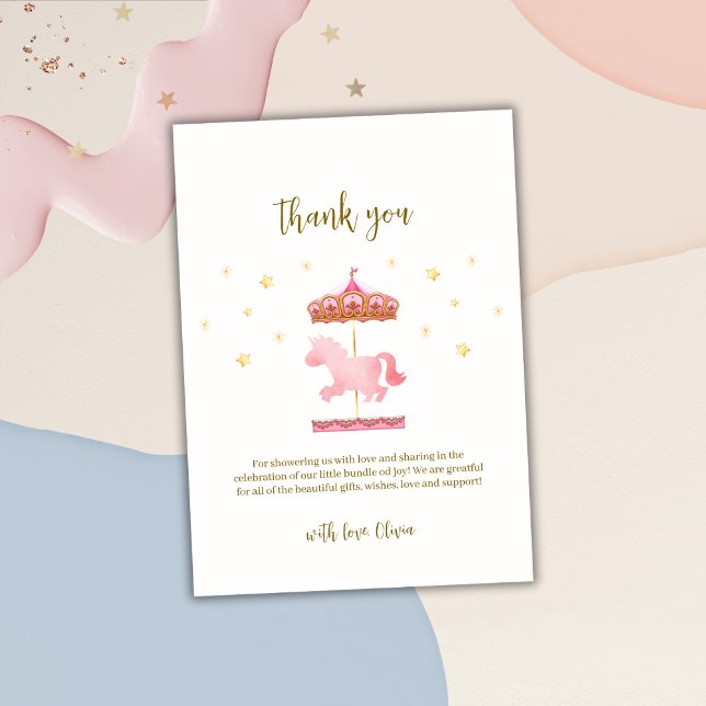 Pink Gold Elegant Magical Carousel Baby Shower Thank You Card (Pink Gold Elegant Magical Carousel Baby Shower Thank You Card)