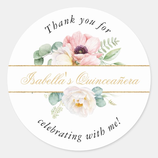 Pink & Gold Elegant Quinceañera Thank You Favour Classic Round Sticker (Front)
