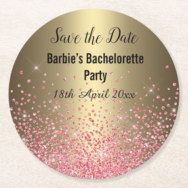 PINK GOLD ELEGANT SAVE THE DATE  Bachelorette Round Paper Coaster (Front)