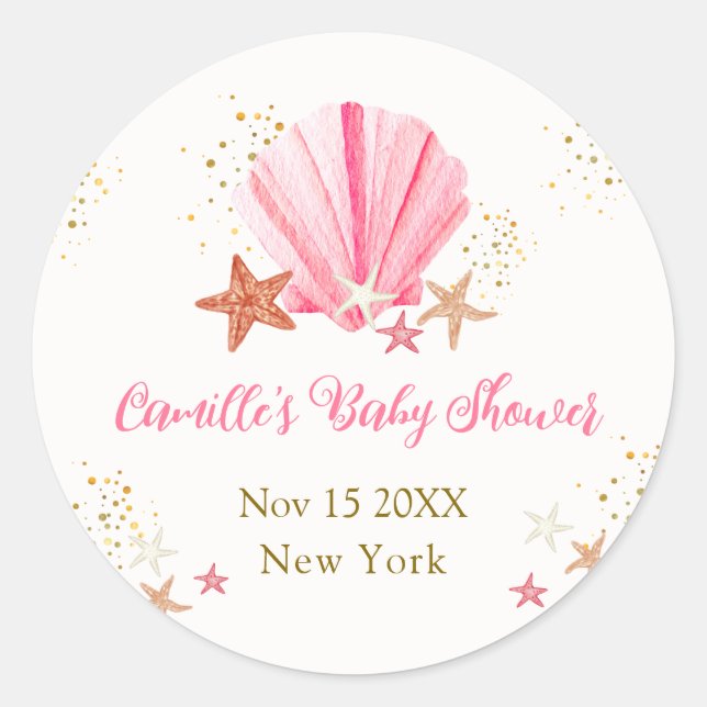 Pink Gold Elegant Starfish Seashell Baby Shower  Classic Round Sticker (Front)