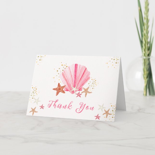 Pink Gold Elegant Starfish Seashell Baby Shower Thank You Card (Front)