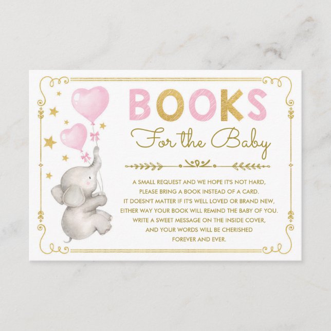 Pink Gold Elephant Baby Girl Bring a Book Card (Front)