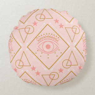 Pink Gold Eyes: Geometric Seamless Design Round Cushion