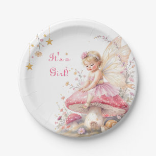 Pink & Gold Fairy Cottage Core Girl's Baby Shower Paper Plate