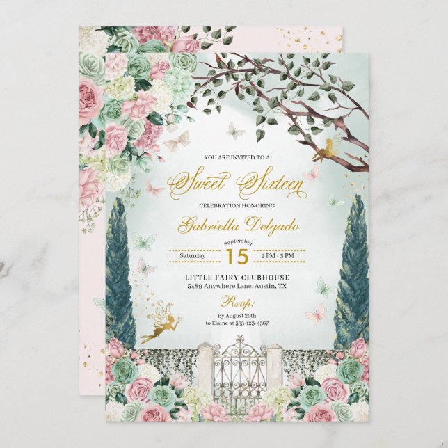 Pink Gold Fairy Enchanted Garden Sweet 16 Invitation (Front/Back)