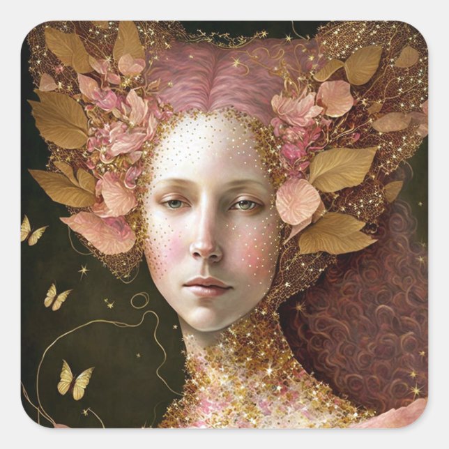 Pink Gold Fairy Fae Woman Fantasy Art Square Sticker (Front)