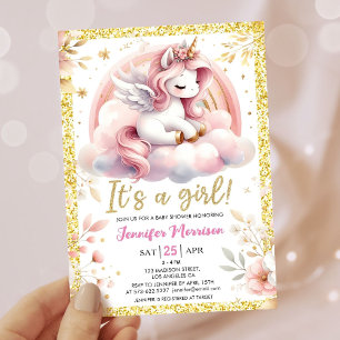 Pink & Gold Fairy Unicorn Baby Shower  Invitation