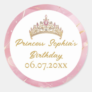 Pink Gold Fairytale Princess Crown Birthday Party  Classic Round Sticker